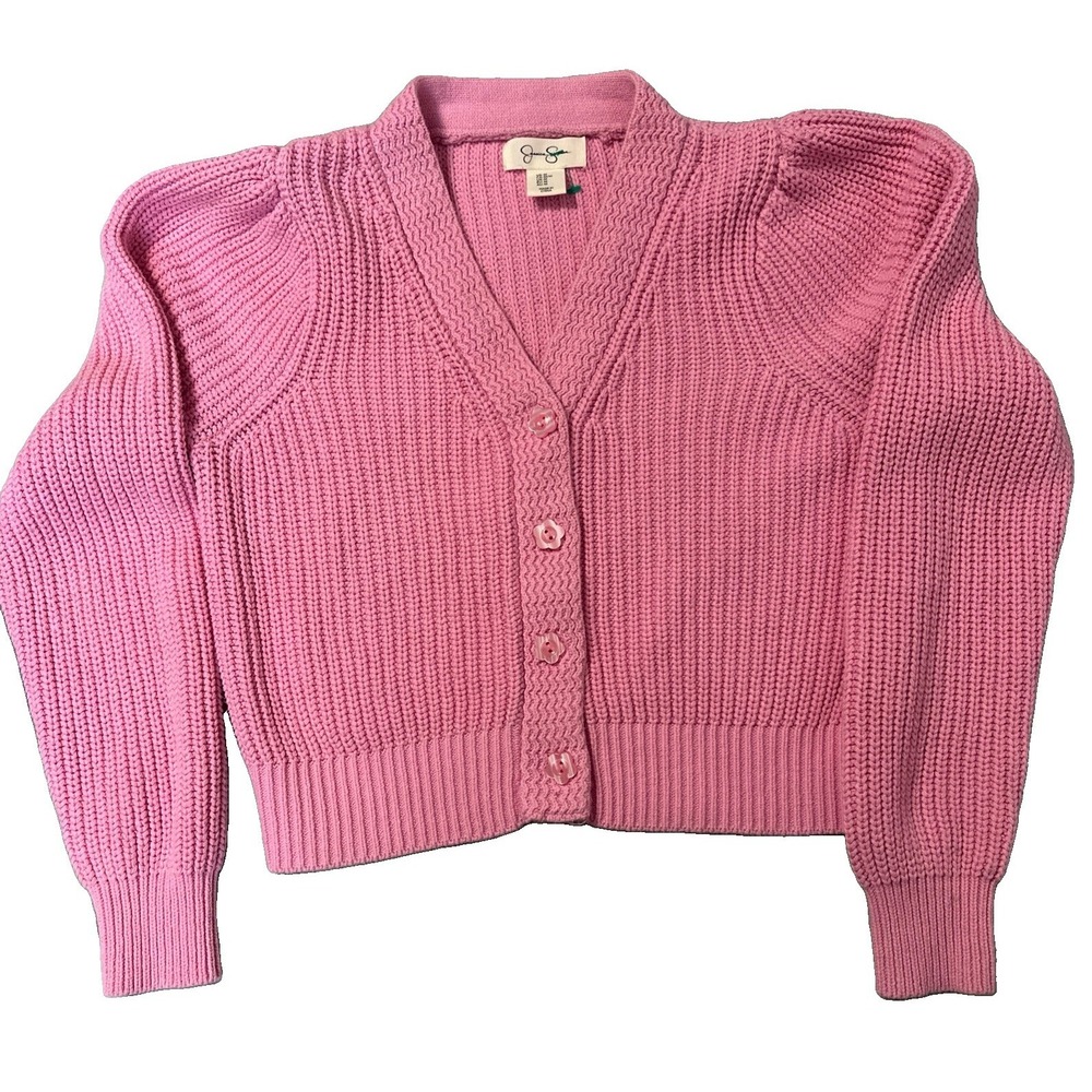 Jessica Simpson Women's Pink Cable Knit Classic  Sweater Size M Flower Buttons!